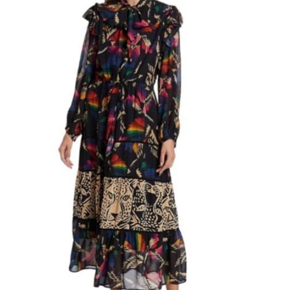 Farm Rio Macaws Flight Tie-Neck Ankle Dress - worn once - size L